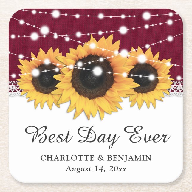 Rustikale Burgundy Burlap Lace Sunflower Wedding Rechteckiger Pappuntersetzer (Vorderseite)
