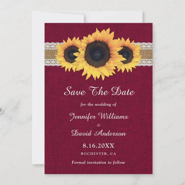 Rustikale Burgundy Burlap Lace Sunflower Wedding Save The Date (Vorderseite)