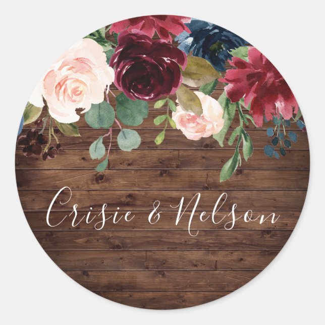 Rustikale burgundy Floral Wedding Party Runder Aufkleber (Vorderseite)
