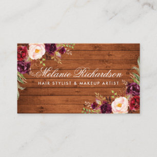Rustikale Burgundy Floral Wood Business Card Terminkarte