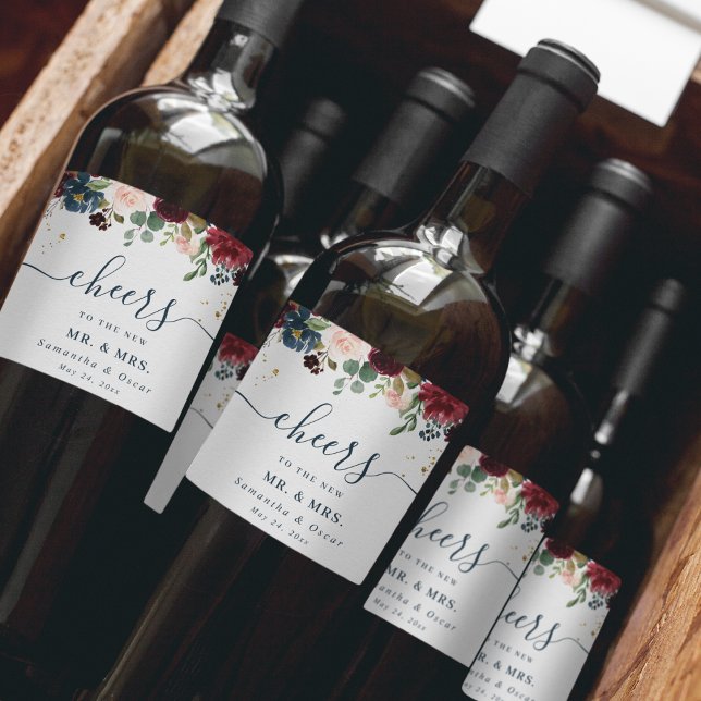 Rustikale Burgundy Navy Blue & Red Beauty Blume Weinetikett (Von Creator hochgeladen)