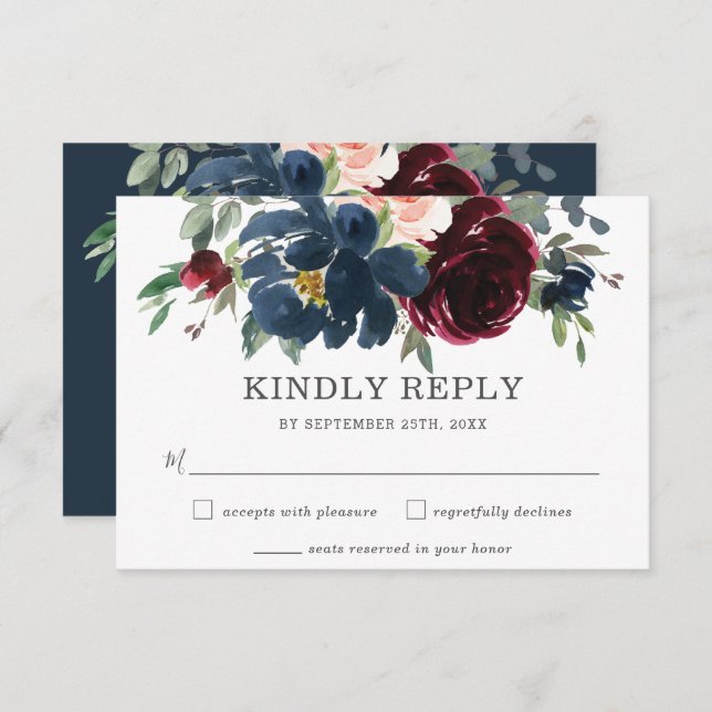 Rustikale burgundy Navy Pink Floral Wedding RSVP C (Vorne/Hinten)