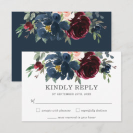 Rustikale burgundy Navy Pink Floral Wedding RSVP C Karte