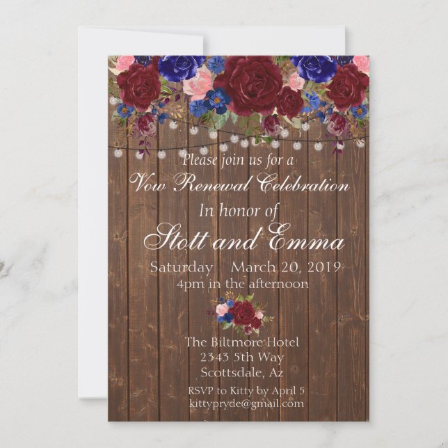 Rustikale Burgundy Navy Wood Vow Renewal Blume Einladung (Vorderseite)
