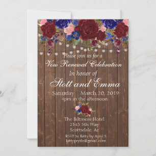 Rustikale Burgundy Navy Wood Vow Renewal Blume Einladung