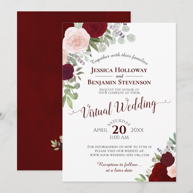 Rustikale Burgundy Red & Pink Virtual Wedding Einladung (Vorne/Hinten)