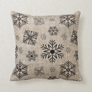 Rustikale Burlap Black Snowflakes Weihnachten Kissen