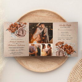 Rustikale Burlap Burnt Orange Rose auf einer Hochz Dreifach Gefaltete Einladung