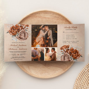 Rustikale Burlap Burnt Orange Rose auf einer Hochz Dreifach Gefaltete Einladung