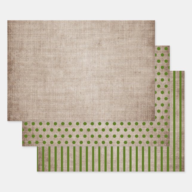Rustikale Burlap Green Polka Dots Streifen fest Geschenkpapier Set (Set)