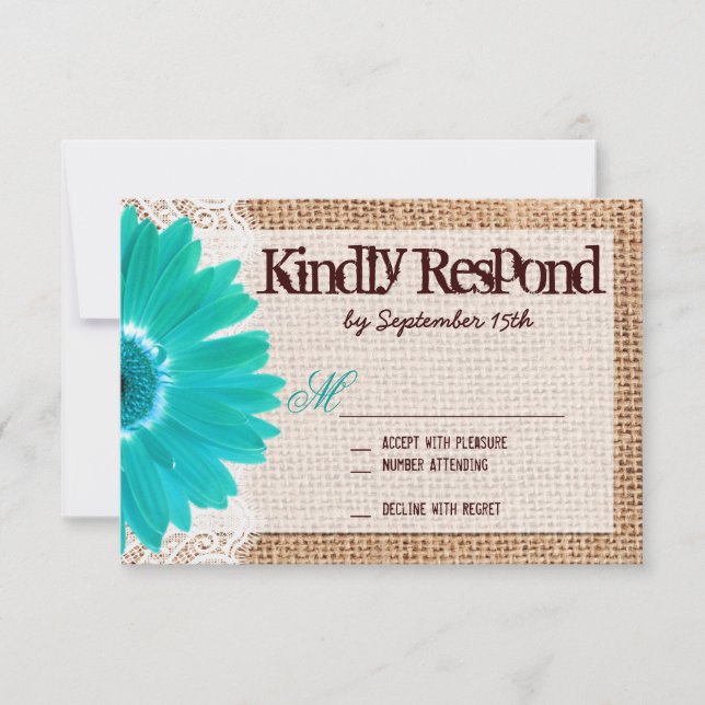 Rustikale Burlap Lace Aquamarine Daisy Wedding RSV RSVP Karte (Vorderseite)
