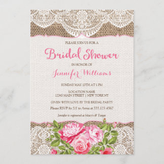 Rustikale Burlap Lace Bridal Dusche Einladung Rose