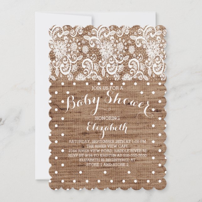 Rustikale Burlap Lace Neutral Baby Dusche Einladun Einladung (Vorderseite)