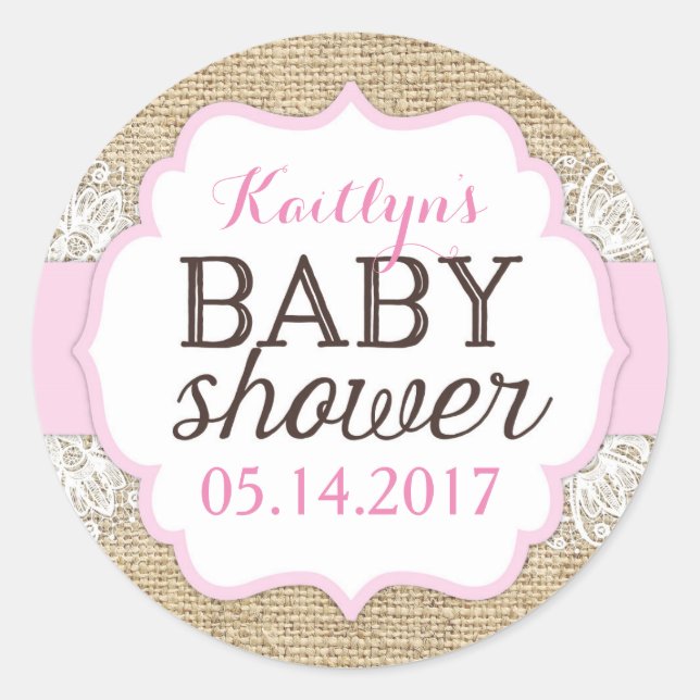 Rustikale Burlap Lace Pink Girl Babydusche Runder Aufkleber (Vorderseite)