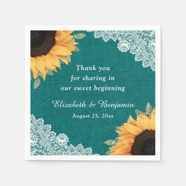 Rustikale Burlap Lace Sonnenblume und Aquamarine H Serviette (Vorderseite)