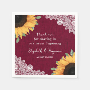 Rustikale Burlap Lace Sonnenblume und Burgund Hoch Serviette