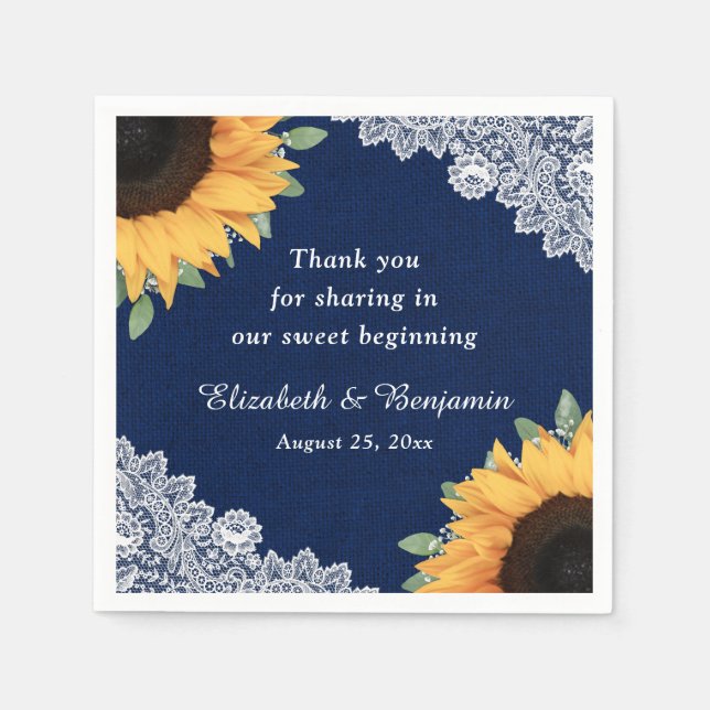 Rustikale Burlap Lace Sonnenblumen und Navy Blue W Serviette (Vorderseite)
