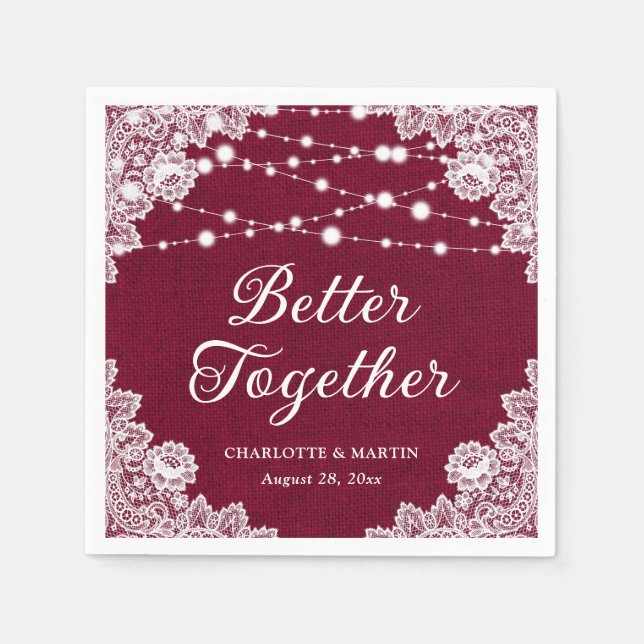 Rustikale Burlap Lace String Lights Burgundy Weddi Serviette (Vorderseite)
