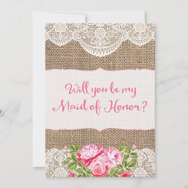 Rustikale Burlap Lace Werden Sie meine Trauzeugin Einladung (Vorderseite)