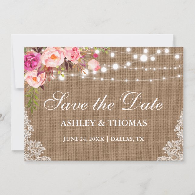 Rustikale Burlap Pink Bläserschicht Save the Date (Vorderseite)