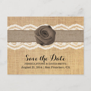 Rustikale Burlap-Rose und Ribbon-Spitze Save the D Ankündigungspostkarte