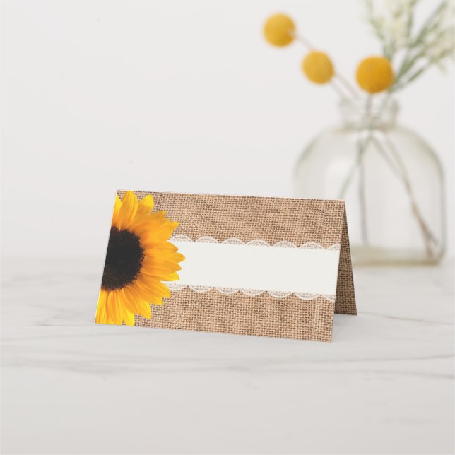 Rustikale Burlap-Sonnenblumen-Hochzeit geflochtene Platzkarte (Vorderseite)