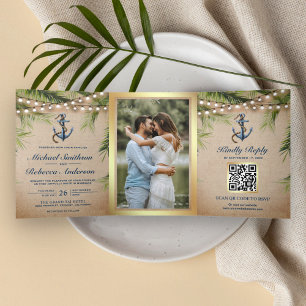 Rustikale Burlap Tropical Palm Anchor QR Code Hoch Dreifach Gefaltete Einladung