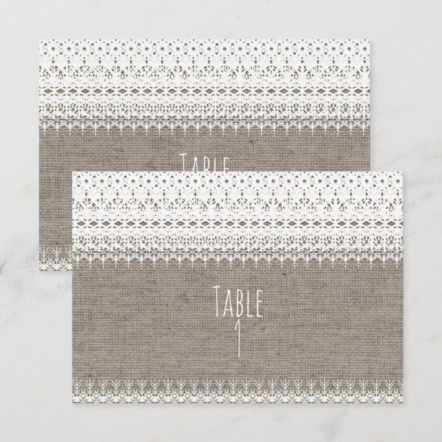 Rustikale Burlap- und elegante Lace Wedding-Tischn Einladung (Vorne/Hinten)