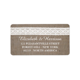 Rustikale Burlap- und Vintage White Lace Hochzeit Adressaufkleber