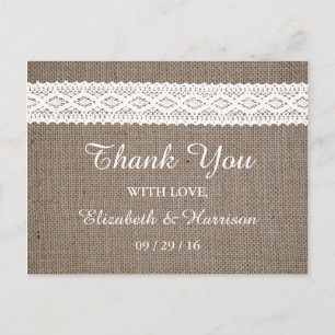 Rustikale Burlap- und Vintage White Lace Hochzeit Postkarte