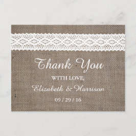 Rustikale Burlap- und Vintage White Lace Hochzeit Postkarte