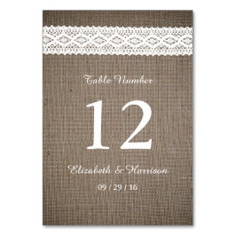 Rustikale Burlap- und Vintage White Lace Hochzeit Tischnummer