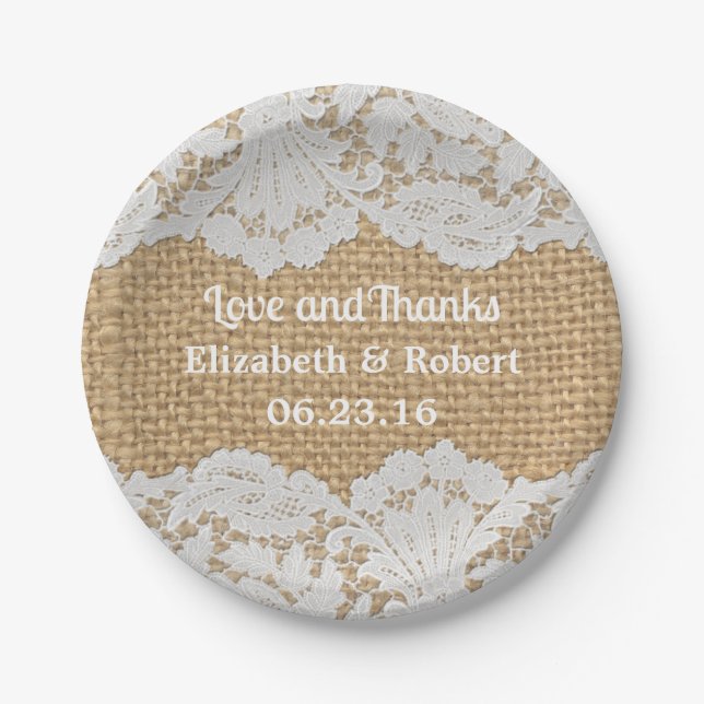 Rustikale Burlap- & White Lace Hochzeitspapier-Tel Pappteller (Vorderseite)