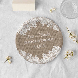 Rustikale Burlap- & White Lace Hochzeitspapier-Tel Pappteller