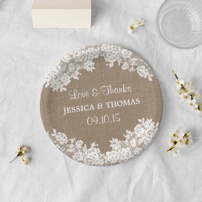 Rustikale Burlap- & White Lace Hochzeitspapier-Tel Pappteller (Von Creator hochgeladen)