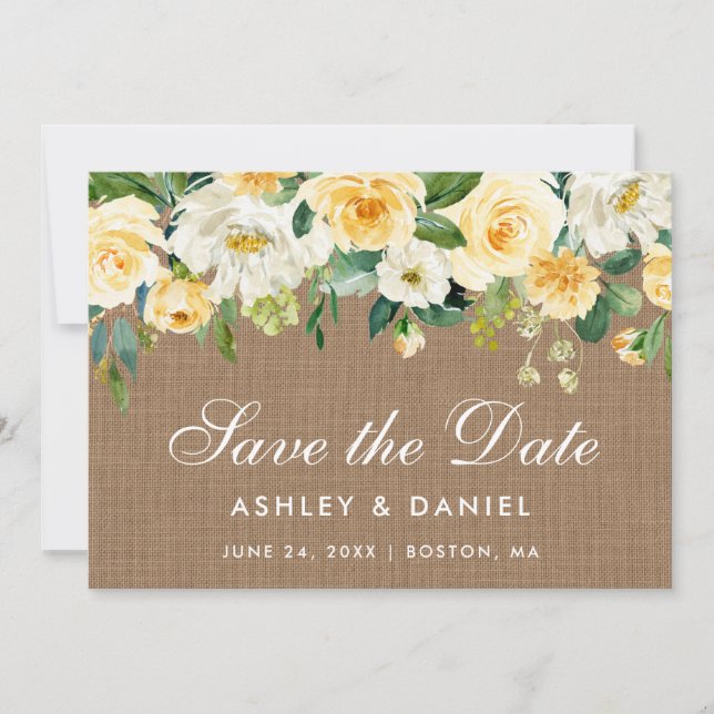 Rustikale Burlap Yellow White Floral Save The Date (Vorderseite)