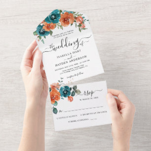 Rustikale Burnt Orange Aquamarin Rust Floral Weddi All In One Einladung
