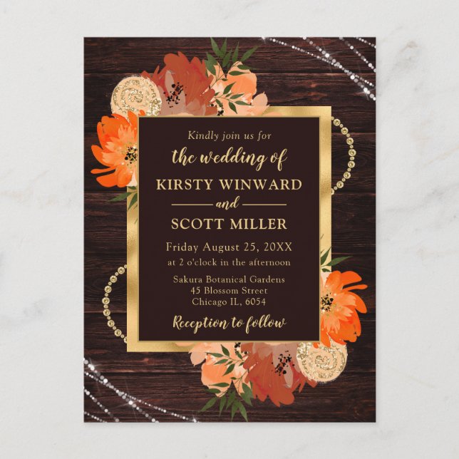 Rustikale Burnt Orange Fall Blume Hochzeit Postkarte (Vorderseite)
