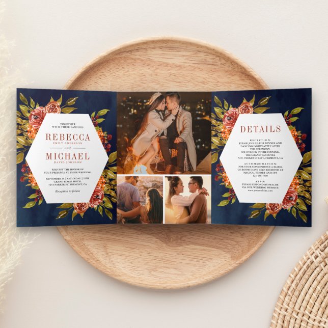 Rustikale Burnt Orange Foto Navy Blue Wedding Dreifach Gefaltete Einladung (Von Creator hochgeladen)