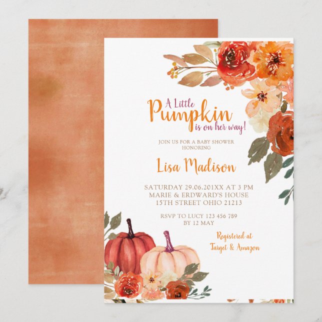 Rustikale Burnt Orange Pumpkin Baby Dusche Einladu Einladung (Vorne/Hinten)