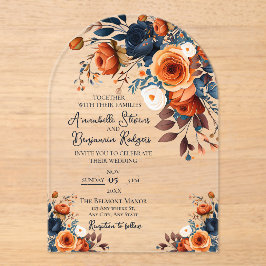 Rustikale Burnt Orange und Blauer Hochzeitsempfang Acryleinladungen