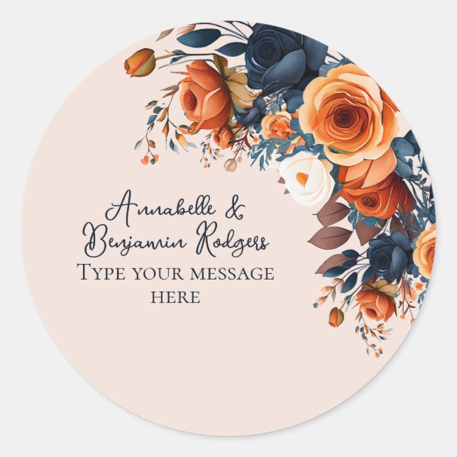 Rustikale Burnt Orange- und Blue Floral Wedding Runder Aufkleber (Vorderseite)