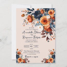 Rustikale Burnt Orange und Blue Spanish Wedding Einladung