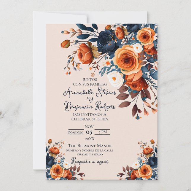 Rustikale Burnt Orange und Blue Spanish Wedding Einladung (Vorderseite)