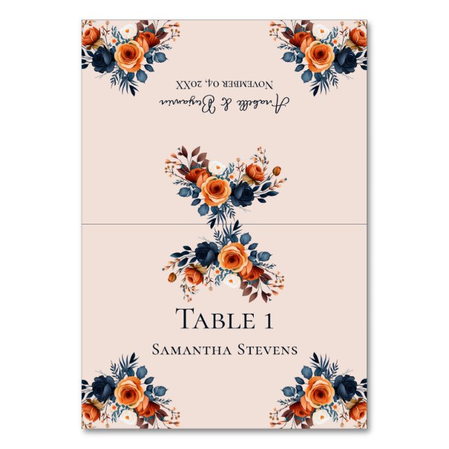 Rustikale Burnt Orange und Blue Wedding Escort Tischnummer (Vorderseite)