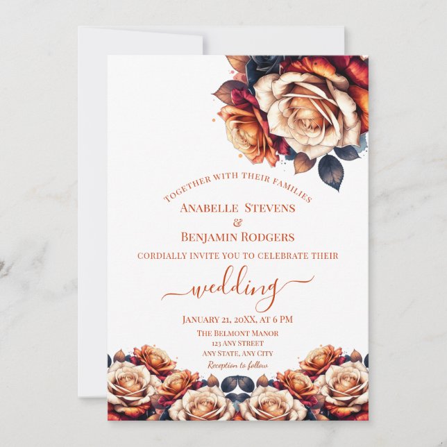 Rustikale Burnt Orange und Navy Blue Wedding Einladung (Vorderseite)