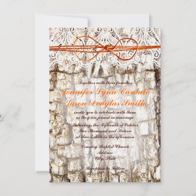 Rustikale Camouflage Orange Bow Hochzeit Einladung (Vorderseite)