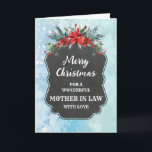 Rustikale Chalkboard Mutter im Gesetz frohe Weihna Karte<br><div class="desc">Fröhliche Weihnachten für Mutter in Rechtskarte mit rustikalem Kalkbrettmuster und winterliche Blätter mit Poinsettias.</div>