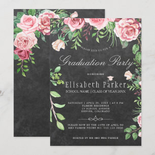 Rustikale Chalkboard Pink Roses Graduation Party Einladung