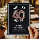 Rustikale Chalkboard Rose Gold Balloons 40. Geburt Einladung<br><div class="desc">Feiern Sie ab 40! Dieses 40-jährige Party lädt zum Verweilen ein und trägt den Titel "Cheers to 40 Years!". Mit einem rustikalen Chalkboard-Hintergrund,  Rose Gold Nummer 40 Helium-Ballons,  trendige weiße Typografie und eine einfache Geburtstagsgeschenk-Vorlage,  die leicht anzupassen ist.</div>